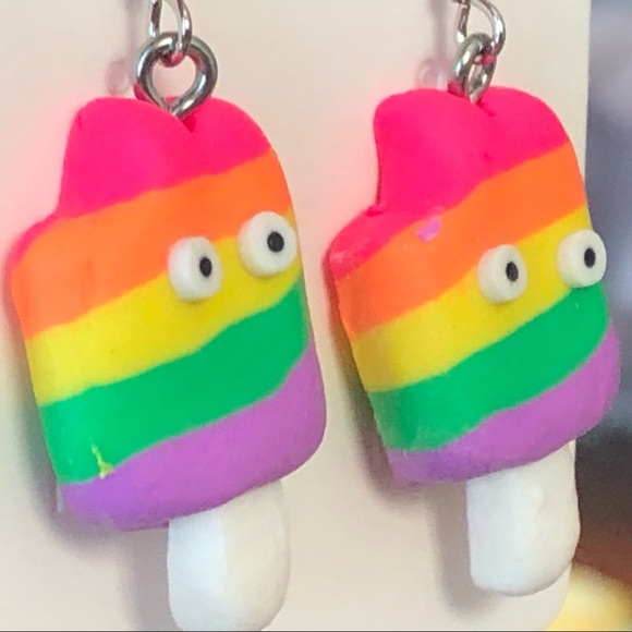 New Rainbow Popsicle Ice Cream Earrings Polymer Clay Fun Novelty Pride Colourful - Picture 4 of 6